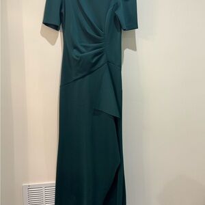 Xscape Green Asymmetrical Ruched Sheath Dress